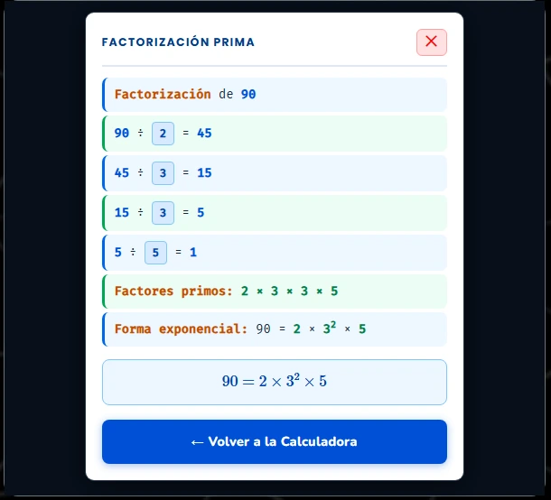 El cálculo de la factorización prima de 90 con Calculadora Alicia