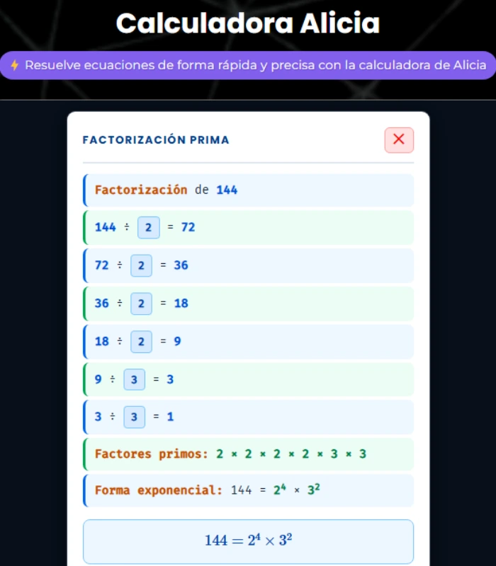Factorización prima paso a paso con la Calculadora de Alicia