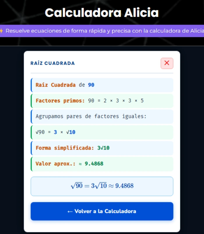 Solución detallada de raíz cuadrada con Calculadora Alicia